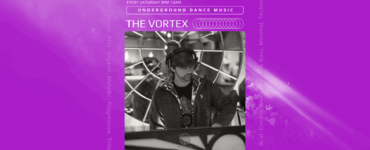 Promotional banner for 'The Vortex' underground dance music event, featuring a DJ with headphones at a mixer. The event details are every Saturday from 9 PM to 12 AM, emphasizing bass, minimal, techno genres.
