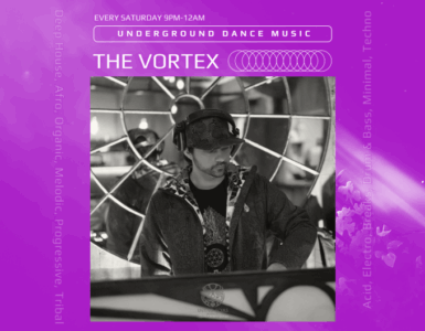 Promotional banner for 'The Vortex' underground dance music event, featuring a DJ with headphones at a mixer. The event details are every Saturday from 9 PM to 12 AM, emphasizing bass, minimal, techno genres.