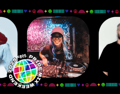 Collage of three diverse individuals: a person in a fashionable outfit posing with crossed legs, a DJ enjoying music at a console under vibrant lights, and two models posing together at a photo shoot.