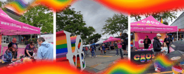 A collage of three images from a community event by C89.5 - Seattle's Home for Dance, featuring a promotional booth with banners, a radio station setup under a tent, and a gathering of attendees. The images are framed by vibrant rainbow graphics.
