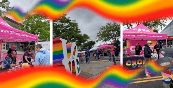 A collage of three images from a community event by C89.5 - Seattle's Home for Dance, featuring a promotional booth with banners, a radio station setup under a tent, and a gathering of attendees. The images are framed by vibrant rainbow graphics.