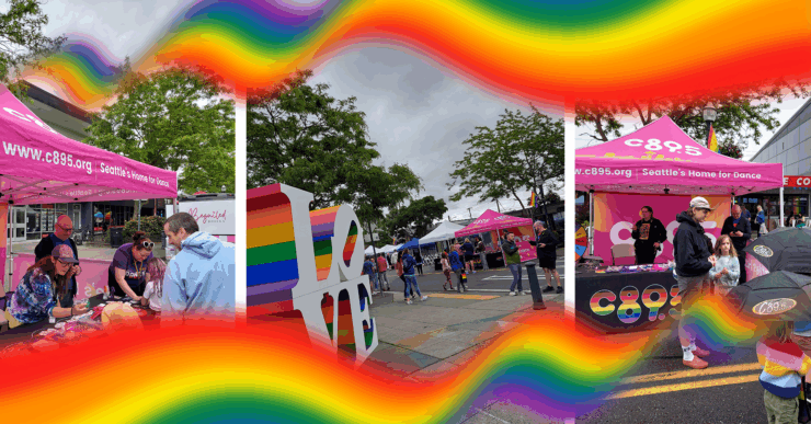 A collage of three images from a community event by C89.5 - Seattle's Home for Dance, featuring a promotional booth with banners, a radio station setup under a tent, and a gathering of attendees. The images are framed by vibrant rainbow graphics.