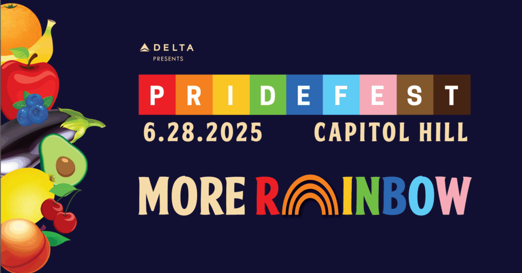 Promotional poster for Delta's PrideFest event on June 28, 2025, at Capitol Hill, featuring the slogan 'More Rainbow' with rainbow motifs.