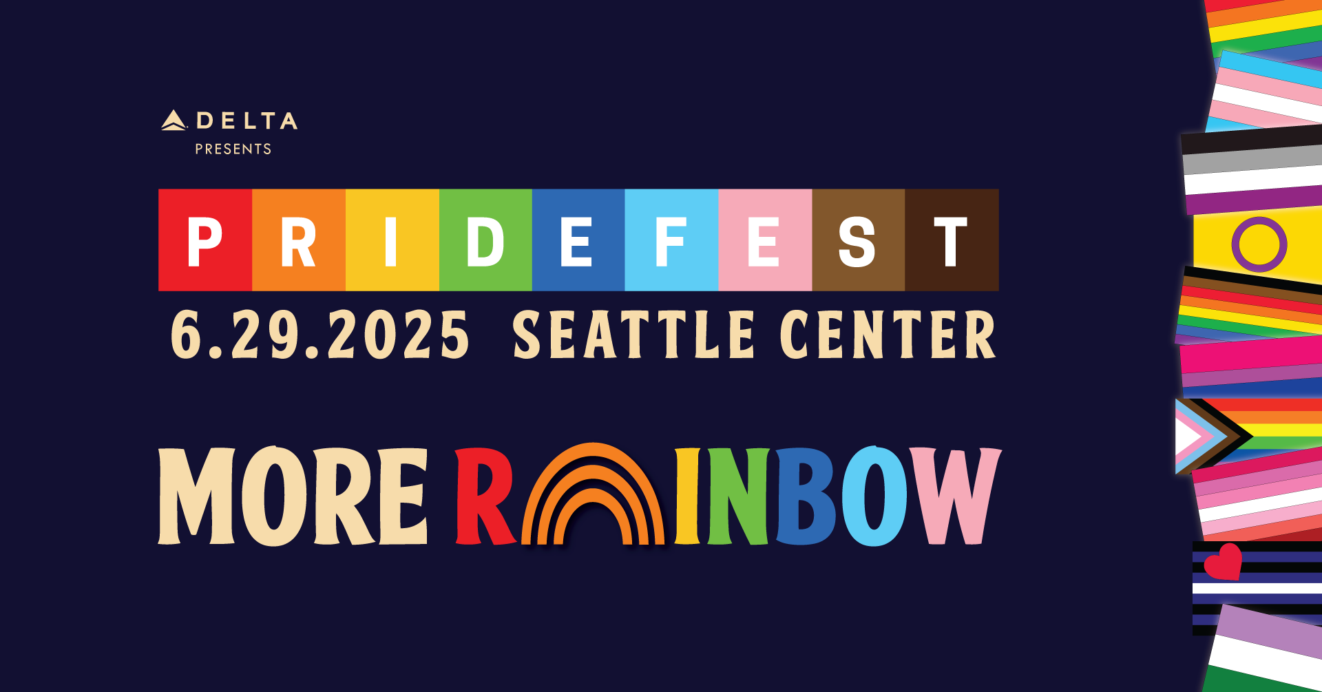 Delta presents PrideFest Seattle Center promotional banner for June 28, 2025, featuring the text 'MORE RAINBOW' under a stylized rainbow graphic, flanked by colorful fruit images.