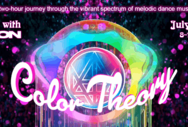 Promotional banner for "Color Theory," a two-hour journey through melodic dance music with Madeon on July 13, 2025, from 8-10 PM Pacific Time, showing a vibrant, colorful graphic with the name "Afterglow with Madlon" and "Episode 14" details.