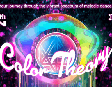 Promotional banner for "Color Theory," a two-hour journey through melodic dance music with Madeon on July 13, 2025, from 8-10 PM Pacific Time, showing a vibrant, colorful graphic with the name "Afterglow with Madlon" and "Episode 14" details.