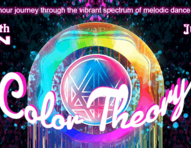 Promotional graphic for "Afterglow with Madeon, Color Theory, Episode 15" event on July 27, 2025, featuring bright colors and stylized text, emphasizing a melodic dance music theme.
