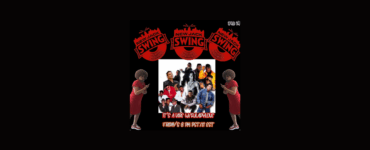 Promotional image for a New Jack Swing music event featuring logos and central photo of the music group with text 'It's a Vibe World Love, Fridays 8 PM EST' surrounded by illustrations of a person in red dress and afro hairstyle pointing enthusiastically.