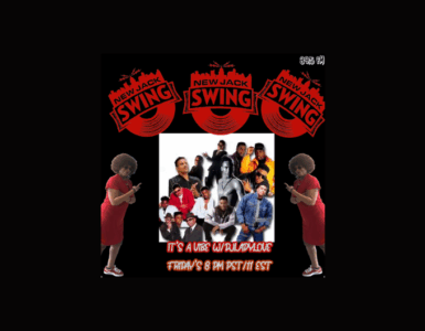 Promotional image for a New Jack Swing music event featuring logos and central photo of the music group with text 'It's a Vibe World Love, Fridays 8 PM EST' surrounded by illustrations of a person in red dress and afro hairstyle pointing enthusiastically.