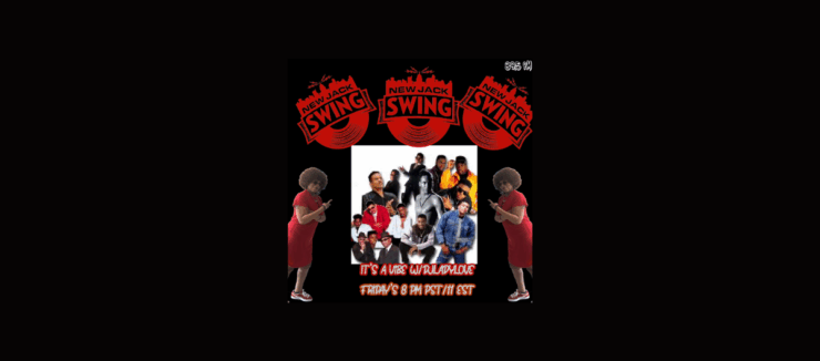 Promotional image for a New Jack Swing music event featuring logos and central photo of the music group with text 'It's a Vibe World Love, Fridays 8 PM EST' surrounded by illustrations of a person in red dress and afro hairstyle pointing enthusiastically.