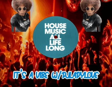 Promotional graphic for 'House Music All Life Long' featuring DJ Lady Love, with images of her and a lively crowd enjoying a concert.