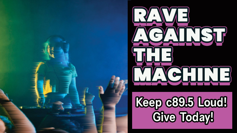 A graphic image of a person standing and smiling at a DJ deck and audience members with their hands in the air.