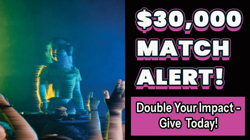 A graphic image of a person standing over a DJ table. Next to the image are the words" Rave against the machine. Keep c89.5 loud! Give now!