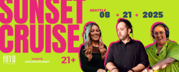 Promotional poster for Sunset Cruise event, featuring three smiling DJs against a pink background. Includes event details and logos for 'Hiyu Floating Venue' Noted as a 21+ event.