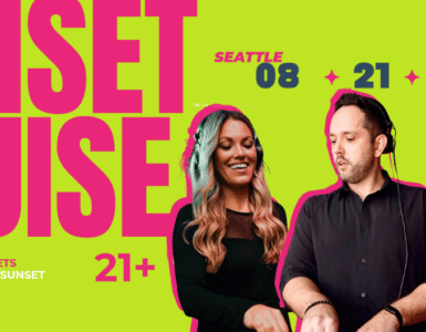 Promotional poster for Sunset Cruise event, featuring three smiling DJs against a pink background. Includes event details and logos for 'Hiyu Floating Venue' Noted as a 21+ event.