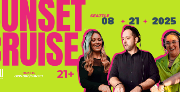 Promotional poster for Sunset Cruise event, featuring three smiling DJs against a pink background. Includes event details and logos for 'Hiyu Floating Venue' Noted as a 21+ event.