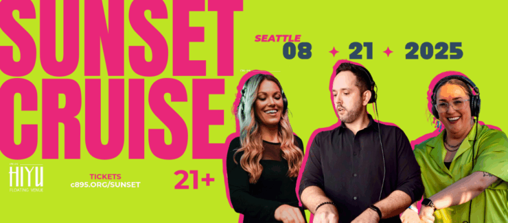 Promotional poster for Sunset Cruise event, featuring three smiling DJs against a pink background. Includes event details and logos for 'Hiyu Floating Venue' Noted as a 21+ event.