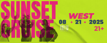 Promotional poster for a "Sunset Cruise" event in Seattle, dated August 21, 2025, featuring the Seattle Space Needle in the background and an individual in a green outfit smiling in the foreground. Text includes details about pre-sale tickets and the event is for ages 21 and up.