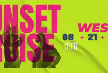 Promotional poster for a "Sunset Cruise" event in Seattle, dated August 21, 2025, featuring the Seattle Space Needle in the background and an individual in a green outfit smiling in the foreground. Text includes details about pre-sale tickets and the event is for ages 21 and up.
