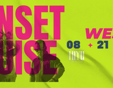 Promotional poster for a "Sunset Cruise" event in Seattle, dated August 21, 2025, featuring the Seattle Space Needle in the background and an individual in a green outfit smiling in the foreground. Text includes details about pre-sale tickets and the event is for ages 21 and up.