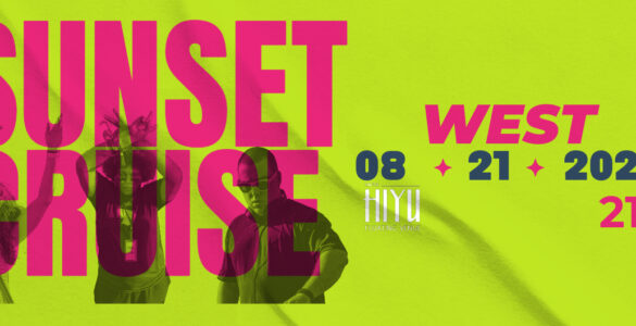 Promotional poster for a "Sunset Cruise" event in Seattle, dated August 21, 2025, featuring the Seattle Space Needle in the background and an individual in a green outfit smiling in the foreground. Text includes details about pre-sale tickets and the event is for ages 21 and up.
