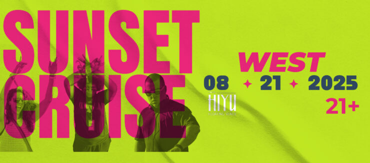 Promotional poster for a "Sunset Cruise" event in Seattle, dated August 21, 2025, featuring the Seattle Space Needle in the background and an individual in a green outfit smiling in the foreground. Text includes details about pre-sale tickets and the event is for ages 21 and up.