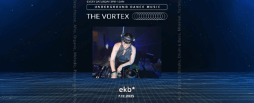 Promotional image for 'The Vortex' underground dance music event, featuring a DJ in action at a mixing deck, set against a starry night sky backdrop. Event details include electronic genres such as Deep House, Techno, and more, every Saturday from 9 PM to 12 AM. Date listed as July 12th