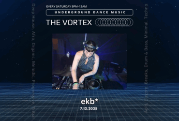 Promotional image for 'The Vortex' underground dance music event, featuring a DJ in action at a mixing deck, set against a starry night sky backdrop. Event details include electronic genres such as Deep House, Techno, and more, every Saturday from 9 PM to 12 AM. Date listed as July 12th