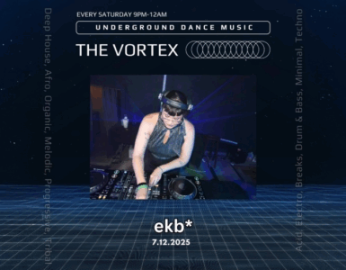 Promotional image for 'The Vortex' underground dance music event, featuring a DJ in action at a mixing deck, set against a starry night sky backdrop. Event details include electronic genres such as Deep House, Techno, and more, every Saturday from 9 PM to 12 AM. Date listed as July 12th