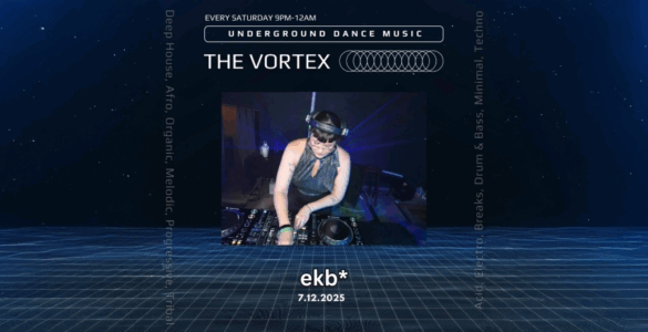Promotional image for 'The Vortex' underground dance music event, featuring a DJ in action at a mixing deck, set against a starry night sky backdrop. Event details include electronic genres such as Deep House, Techno, and more, every Saturday from 9 PM to 12 AM. Date listed as July 12th