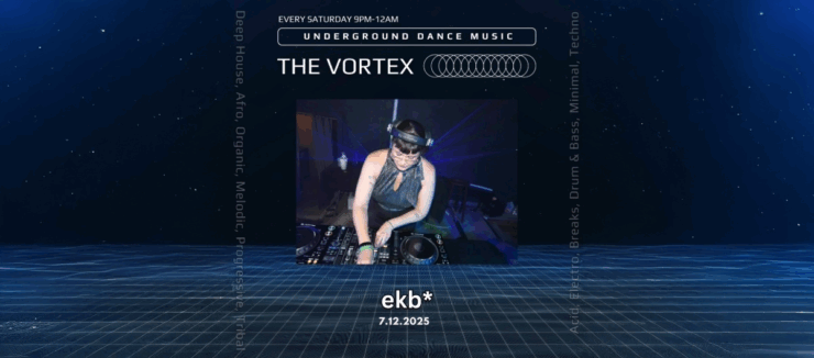 Promotional image for 'The Vortex' underground dance music event, featuring a DJ in action at a mixing deck, set against a starry night sky backdrop. Event details include electronic genres such as Deep House, Techno, and more, every Saturday from 9 PM to 12 AM. Date listed as July 12th