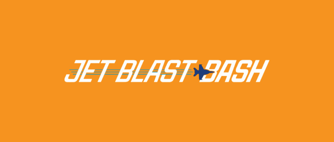 An image of the Navy Blue Angels jets flying in the sky along with the words "Jet Blast Bash"