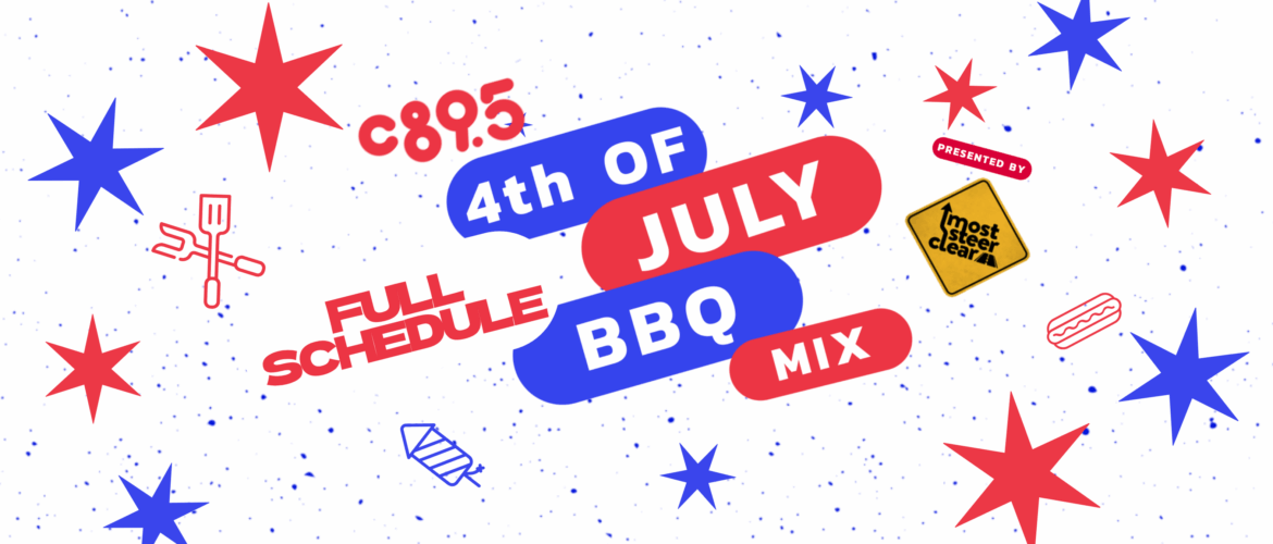 Promotional graphic for C89.5's 4th of July BBQ Mix event, featuring colorful text and festive decorations like stars and grills on a dotted background.