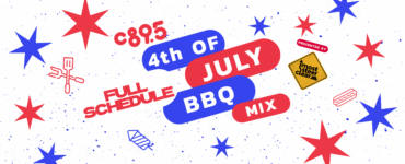 Promotional graphic for C89.5's 4th of July BBQ Mix event, featuring colorful text and festive decorations like stars and grills on a dotted background.