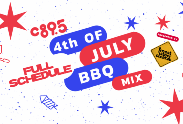Promotional graphic for C89.5's 4th of July BBQ Mix event, featuring colorful text and festive decorations like stars and grills on a dotted background.