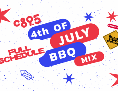 Promotional graphic for C89.5's 4th of July BBQ Mix event, featuring colorful text and festive decorations like stars and grills on a dotted background.