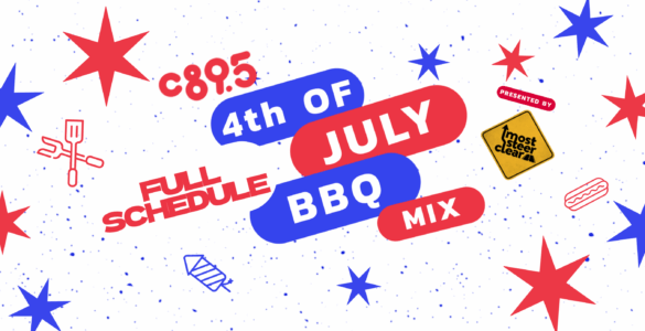 Promotional graphic for C89.5's 4th of July BBQ Mix event, featuring colorful text and festive decorations like stars and grills on a dotted background.