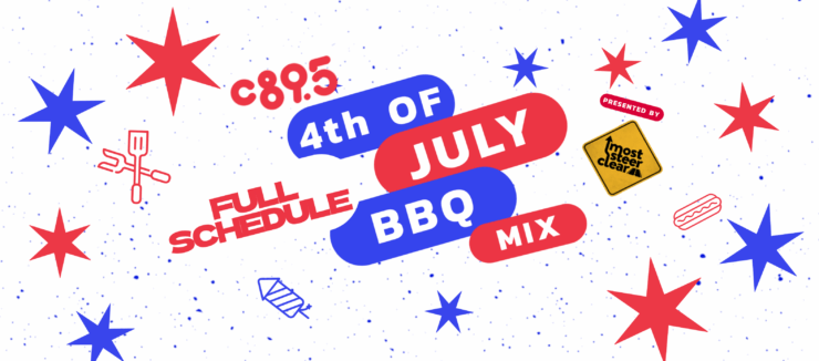 Promotional graphic for C89.5's 4th of July BBQ Mix event, featuring colorful text and festive decorations like stars and grills on a dotted background.