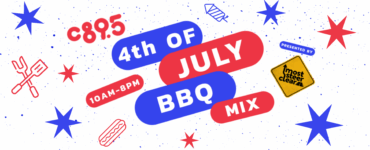 Graphic for a 4th of July BBQ event by C895, featuring a festive backdrop with stars, BBQ themed icons, and text announcing the event details from 10 AM to 8 PM, c895 4th of July BBQ Mix!