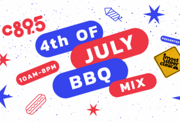 Graphic for a 4th of July BBQ event by C895, featuring a festive backdrop with stars, BBQ themed icons, and text announcing the event details from 10 AM to 8 PM, c895 4th of July BBQ Mix!