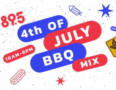 Graphic for a 4th of July BBQ event by C895, featuring a festive backdrop with stars, BBQ themed icons, and text announcing the event details from 10 AM to 8 PM, c895 4th of July BBQ Mix!