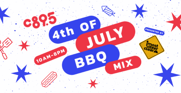 Graphic for a 4th of July BBQ event by C895, featuring a festive backdrop with stars, BBQ themed icons, and text announcing the event details from 10 AM to 8 PM, c895 4th of July BBQ Mix!