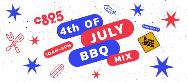 Graphic for a 4th of July BBQ event by C895, featuring a festive backdrop with stars, BBQ themed icons, and text announcing the event details from 10 AM to 8 PM, c895 4th of July BBQ Mix!