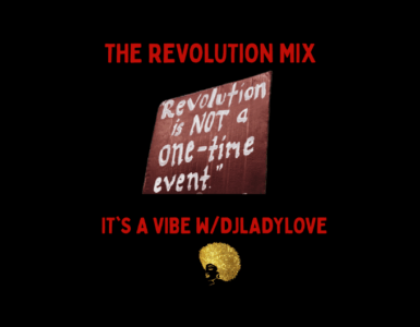Text on a dark background reading "THE REVOLUTION MIX - Revolution is not a one-time event. IT'S A VIBE W/DJLADYLOVE" with a golden skull graphic below the text.