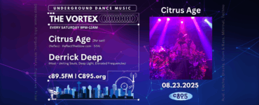 Promotional banner for "The Vortex" at Underground Dance Music event featuring Citrus Age and Derrick Deep. The image displays vibrant purple lighting with a crowd enjoying the performance, and details about event timings and radio station C89.5FM. Date of the event is 08.23.2025.