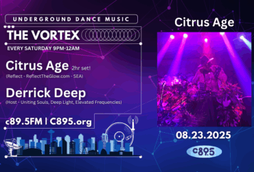 Promotional banner for "The Vortex" at Underground Dance Music event featuring Citrus Age and Derrick Deep. The image displays vibrant purple lighting with a crowd enjoying the performance, and details about event timings and radio station C89.5FM. Date of the event is 08.23.2025.
