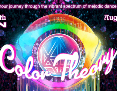 Promotional banner for "Color Theory," a two-hour journey through melodic dance music with Madeon on July 13, 2025, from 8-10 PM Pacific Time, showing a vibrant, colorful graphic with the name "Afterglow with Madlon" and "Episode 16" details.