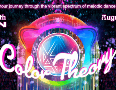 Promotional banner for "Afterglow with Madeon - Color Theory," an event scheduled for August 24, 2025, featuring a colorful, abstract background and details of the event time from 8-10 PM Pacific on a Sunday.