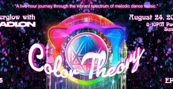 Promotional banner for "Afterglow with Madeon - Color Theory," an event scheduled for August 24, 2025, featuring a colorful, abstract background and details of the event time from 8-10 PM Pacific on a Sunday.
