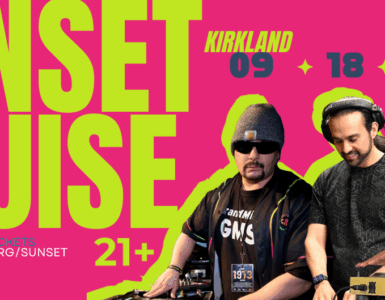 Promotional poster for Sunset Cruise event, featuring three smiling DJs against a pink background. Includes event details and logos for 'Hiyu Floating Venue' Noted as a 21+ event.